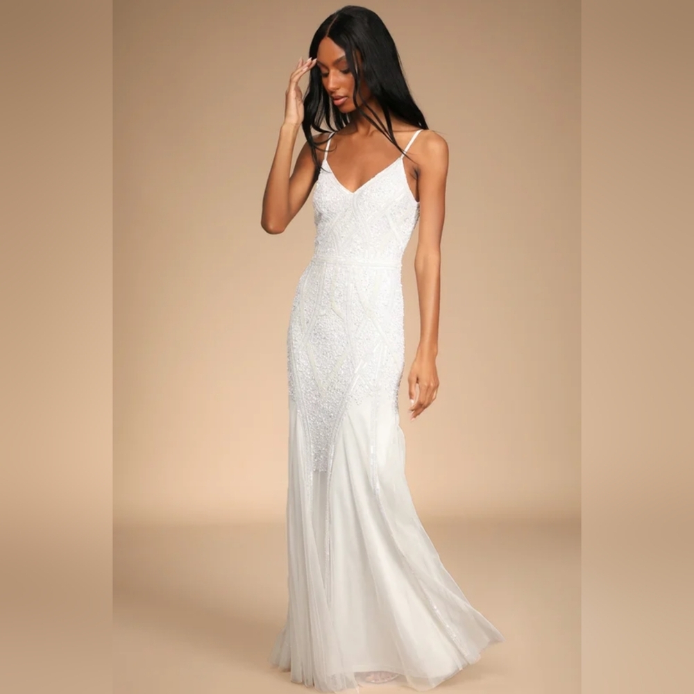 NWOT Lulu's White Beaded Sequin Mermaid Maxi Dress Size XL=14/16
